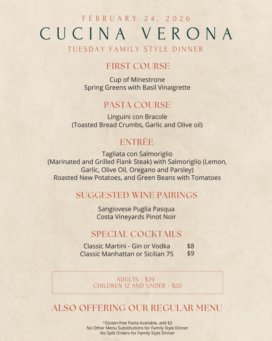 Tuesday Family Night menu